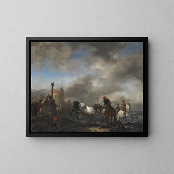 Teich mit Pferden in der Nähe eines Grenzsteins - Philips Wouwerman — gerahmtes Bild an der Wand
