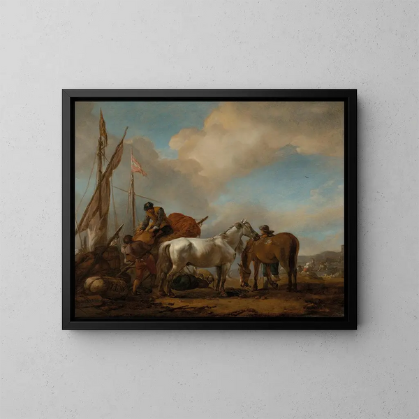 Pferde in einer Landschaft mit Figuren, die Ballen auf ein Boot laden - Philips Wouwerman — gerahmtes Bild an der Wand
