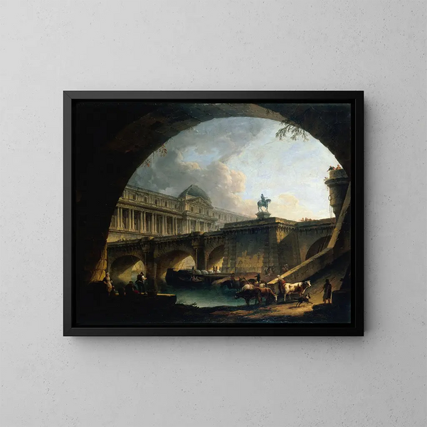 Caprice architektonischer eines Palastes, inspiriert vom Louvre und Pont Neuf, eingerahmt im Bogen einer Brücke - Pierre-Antoine Demachy — gerahmtes Bild an der Wand