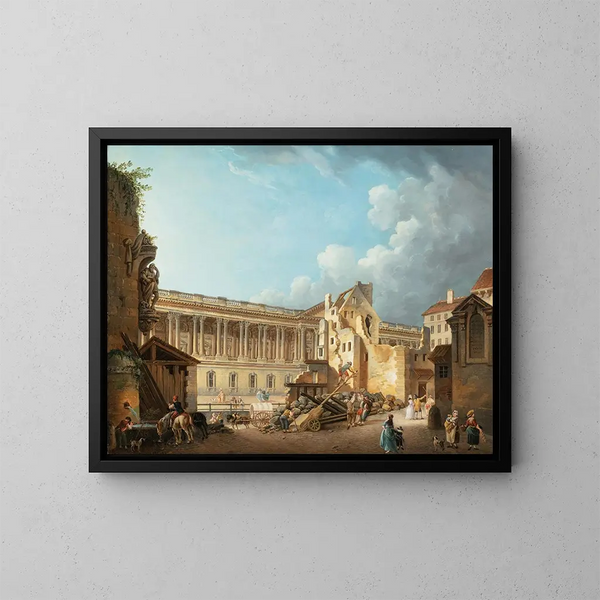 Der Durchgang der Kolonnade im Louvre während des Abrisses der Ruinen des Hôtel du Petit Bourbon - Pierre-Antoine Demachy — gerahmtes Bild an der Wand