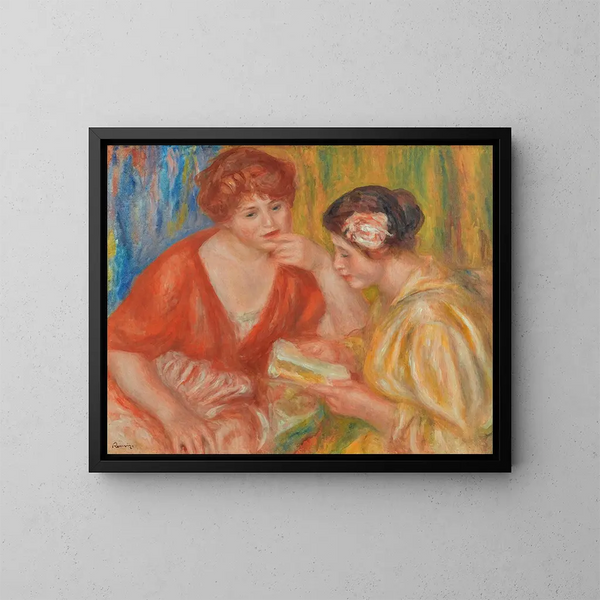 La Lecture. Zwei Frauen mit roten und rosa Blusen - Pierre-Auguste Renoir — gerahmtes Bild an der Wand
