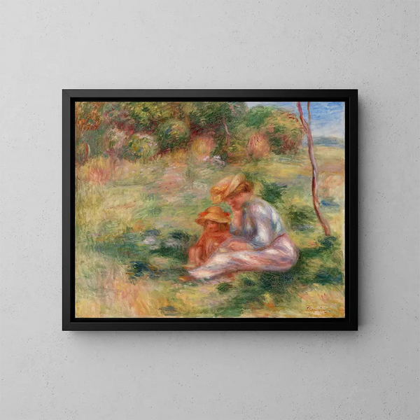 Frau und Kind im Gras - Pierre-Auguste Renoir — gerahmtes Bild an der Wand