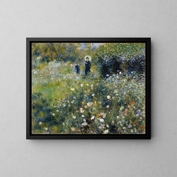 Frau mit Regenschirm in einem Garten - Pierre-Auguste Renoir — gerahmtes Bild an der Wand