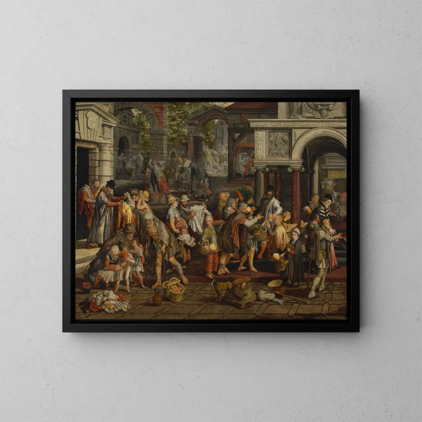 Die Werke der christlichen Barmherzigkeit - Pieter Aertsen — gerahmtes Bild an der Wand