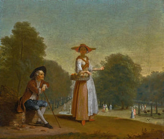 Pieter Angillis - A fruitseller and a man resting a park beyond.webp