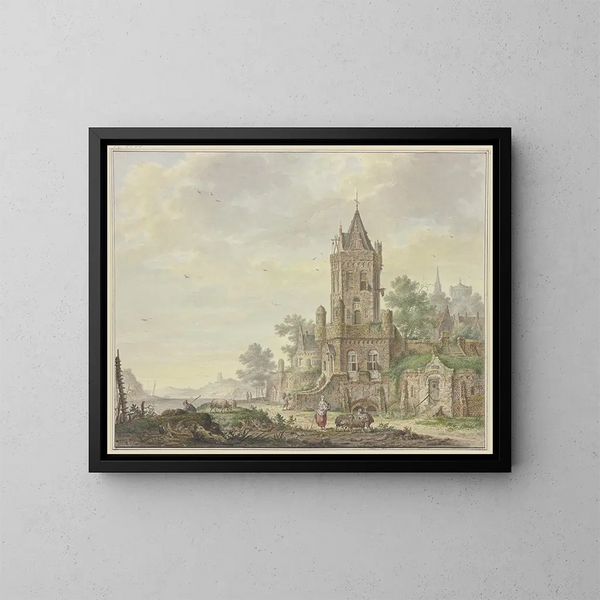 Stadt mit einem alten Kirchturm am Wasser, eine Frau mit einem Jungen und zwei Schafe - Pieter Bartholomeusz Barbiers — gerahmtes Bild an der Wand