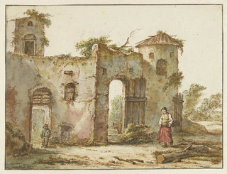 Pieter Bartholomeusz Barbiers - Vervallen gebouw met rechts een houtsprokkelaarster.webp