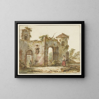 Pieter Bartholomeusz Barbiers - Vervallen gebouw met rechts een houtsprokkelaarster.webp
