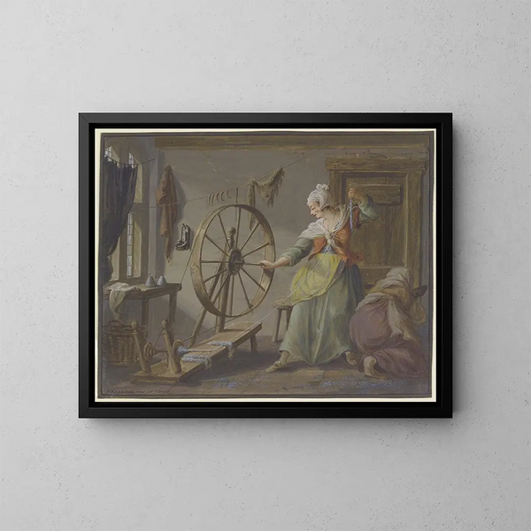 Zwei beschäftigte Frauen mit Garnrollen und Flachssicheln - Pieter Bartholomeusz Barbiers — gerahmtes Bild an der Wand