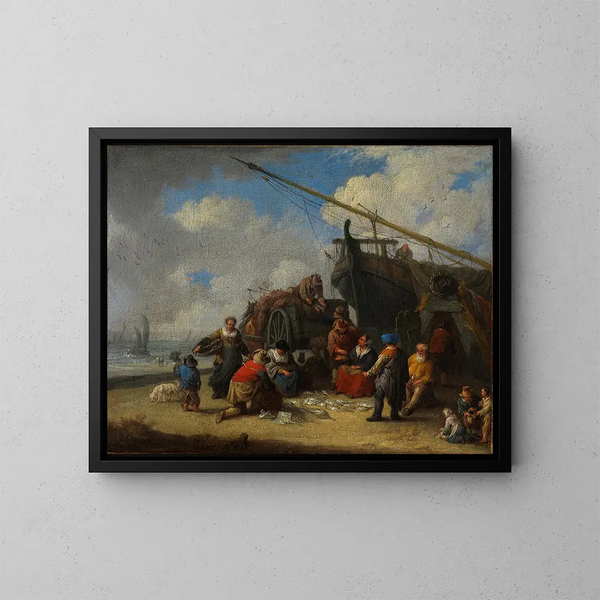 Markt am Strand mit Fischern - Pieter Bout — gerahmtes Bild an der Wand