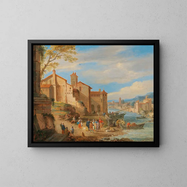 Der Hafen von Ripa Grande in Rom mit Händlern im Gespräch - Pieter Bout — gerahmtes Bild an der Wand