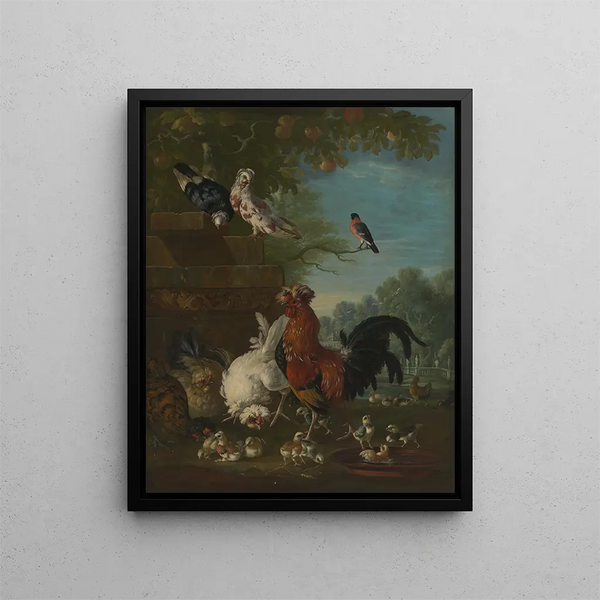 Pieter Casteels - Domestic cock hens and chicks in a park.webp