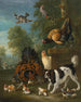Eine Hühnerfamilie, die einen Spaniel in einer Landschaft abwehrt - Pieter Casteels III — Ansicht des Kunstwerks
