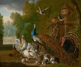 Pieter Casteels III - A peacock turkey cockerel hen pigeons other birds and rabbits in a park landscape.webp