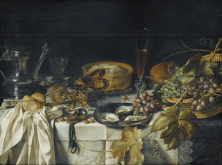 Pieter Claesz - Nature morte au mince pie panier de raisins pichet en tain et montre.webp