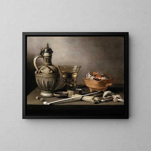 Naturstillleben mit einer Keramikkanne, einem Birkhahn und Rauchutensilien - Pieter Claesz — gerahmtes Bild an der Wand