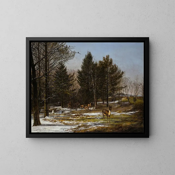 Ein bewaldetes Winterlandschaft mit Hirschen - Pieter Gerardus van Os — gerahmtes Bild an der Wand
