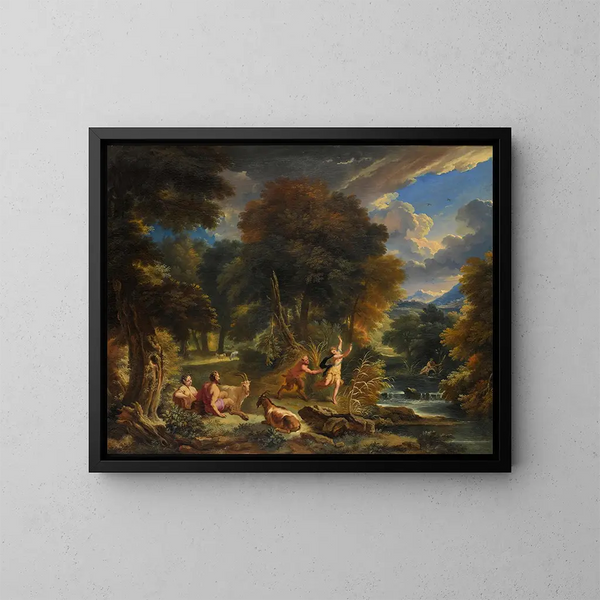 Pan und Syrinx in einer Flusslandschaft - Pieter Mulier der Ältere — gerahmtes Bild an der Wand