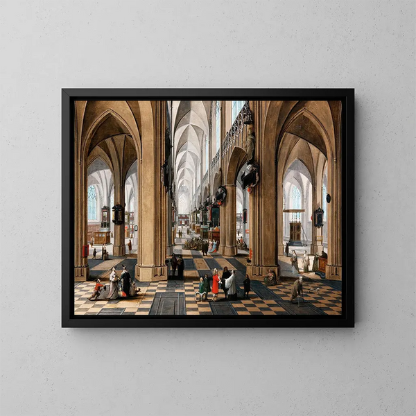 Innenansicht einer Kirche mit eleganten Figuren, die spazieren gehen, und Figuren, die an der Messe teilnehmen - Pieter Neeffs der Ältere — gerahmtes Bild an der Wand