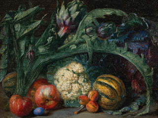 Pieter Snyers - Artichokes apples and melons on a ledge.webp