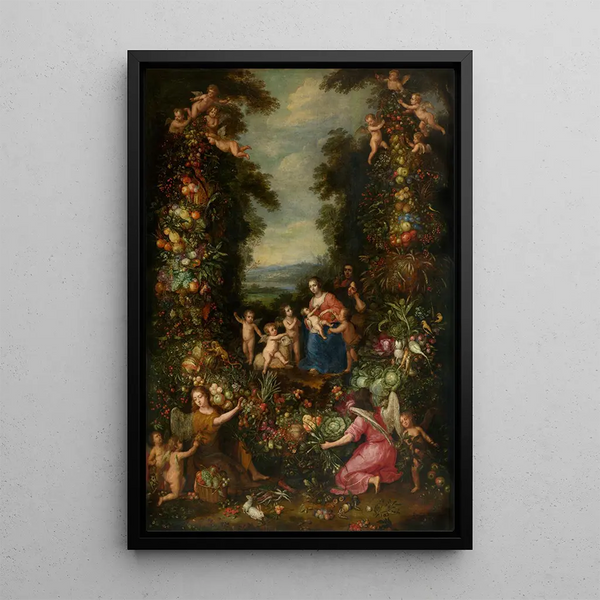 Die Heilige Familie mit dem kleinen Johannes dem Täufer, umgeben von einer Girlande aus Blumen, Gemüse und Früchten - Pieter van Avont — gerahmtes Bild an der Wand