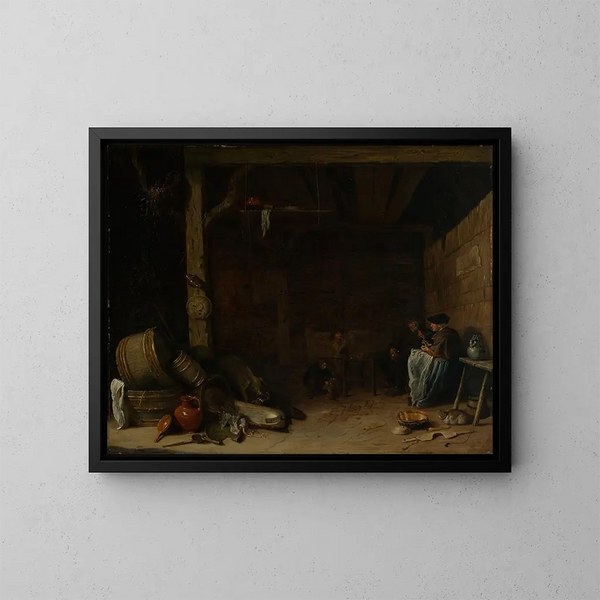 Innenansicht eines Bauernhofs mit einer Bauernfamilie - Pieter de Bloot — gerahmtes Bild an der Wand