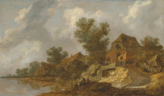 Pieter de Molijn - A river landscape with a ferry and fisherfolk a carriage on a bridge near houses to the right.webp