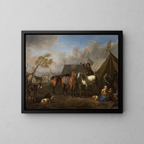 Szenen vom Lager mit einem Trompeter - Pieter van Bloemen — gerahmtes Bild an der Wand