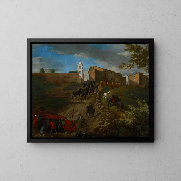 Coachs et voyageurs à la Madonna del Riposo près de Rome - Pieter van Bloemen — gerahmtes Bild an der Wand