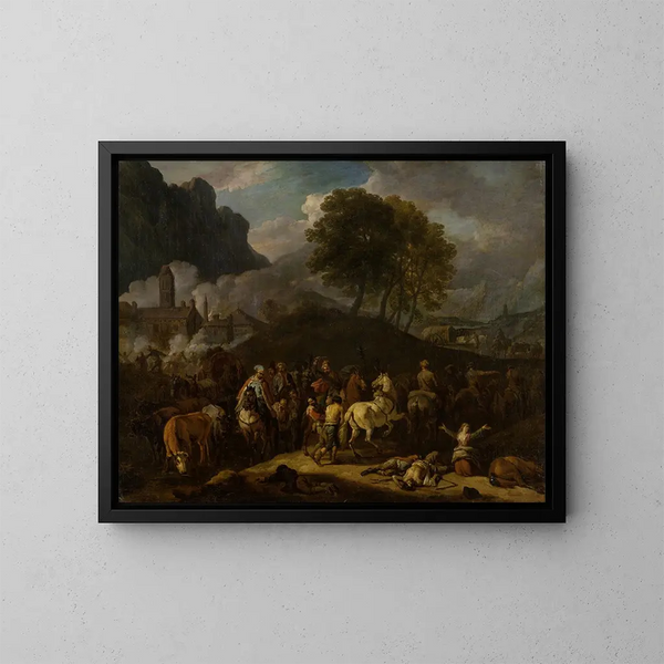 Abmarsch der Soldaten nach der Plünderung - Pieter van Bloemen — gerahmtes Bild an der Wand