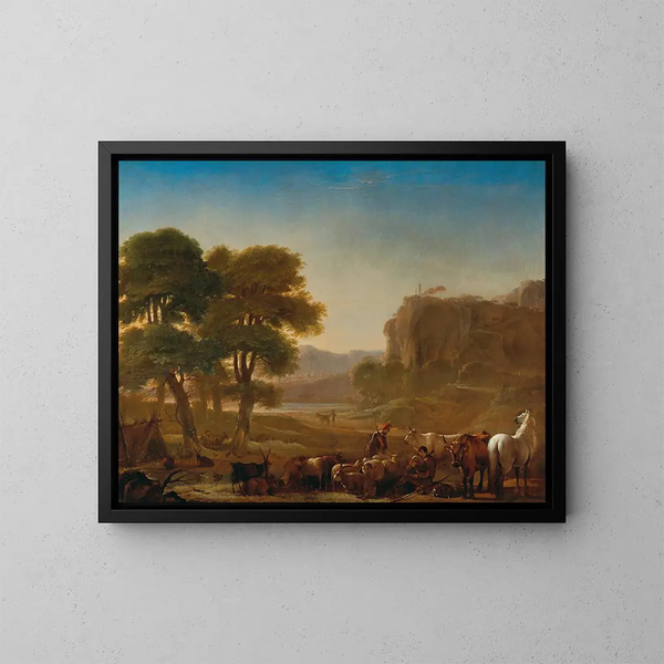 Eine Ansicht der römischen Landschaft mit Hirten, die sich mit ihrem Vieh ausruhen - Pieter van Laer — gerahmtes Bild an der Wand