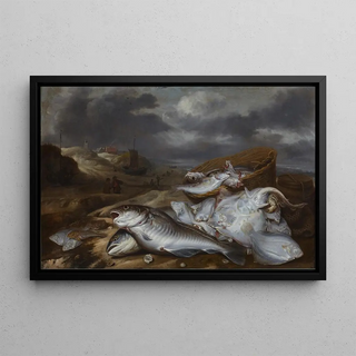 Pieter van Schaeyenborgh - Fish still life with view of Egmond.webp