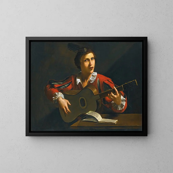 Ein Spieler mit Gitarre sitzend in einem Interieur - Pietro Paolini — gerahmtes Bild an der Wand