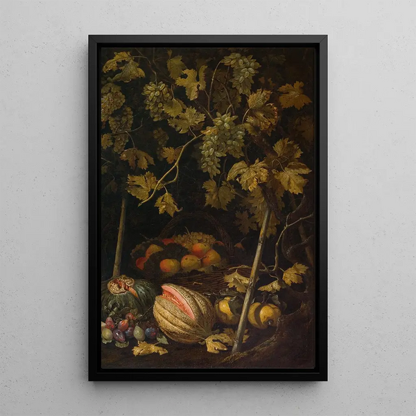 Naturmorte mit Früchten und Weinrebe - Pietro Paolo Bonzi — gerahmtes Bild an der Wand