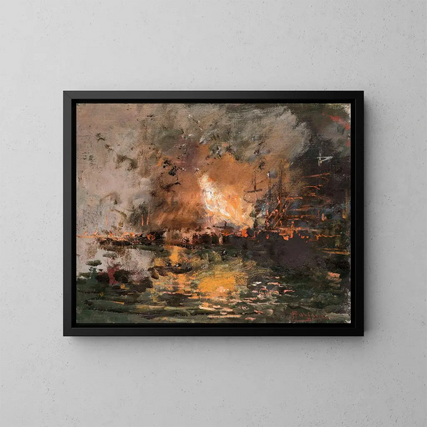 Boot in Brand in einem Hafen - Pompeo Mariani — gerahmtes Bild an der Wand