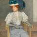 Portrait einer Dame mit grünem Federhut und Schleife - Friedrich König — in einem Innenraum präsentiert