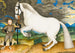 Ein galoppierendes Pferd, gehalten von einem wohlhabend gekleideten Stallburschen in einer stürmischen Landschaft - Schule von Prag — Ansicht des Kunstwerks