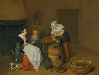 Quirijn Van Brekelenkam - A Woman Talking With Her Maid In A Kitchen Interior With A Child A Dog And A Fire.webp
