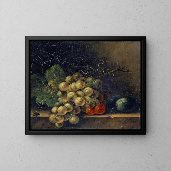 Naturmorte mit Trauben, Steinobst und einer Fliege - Rachel Ruysch — gerahmtes Bild an der Wand