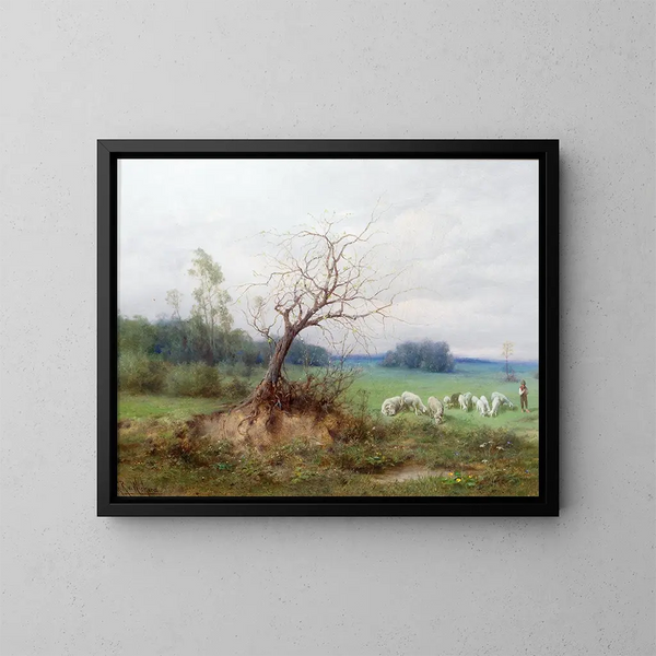 Hirtentraum mit Schafen in einer offenen Landschaft - Raimund Ritter von Wichera — gerahmtes Bild an der Wand