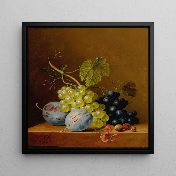 Raisins, prunes, framboises, fleurs et un gland sur une étagère en bois - Arnoldus Bloemers