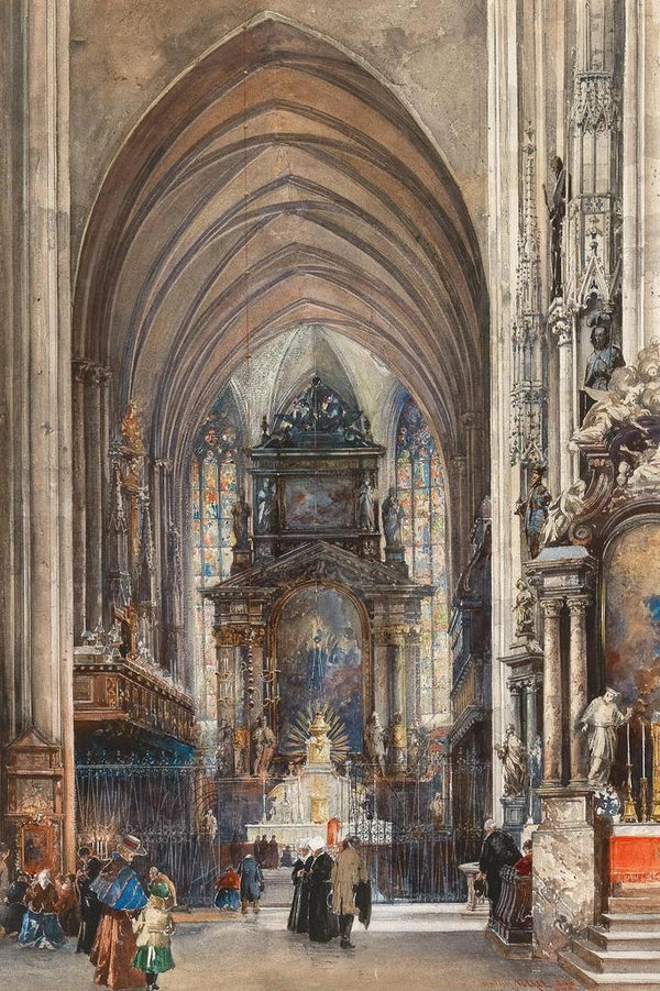 L'intérieur de Saint-Étienne avec le maître-autel et le personnel figuratif - Reinhold Völkel — gerahmtes Bild an der Wand