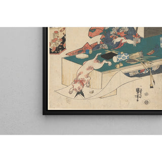 Reproduction Femme à table, chat blanc bondissant sur un papillon - Utagawa Kuniyoshi
