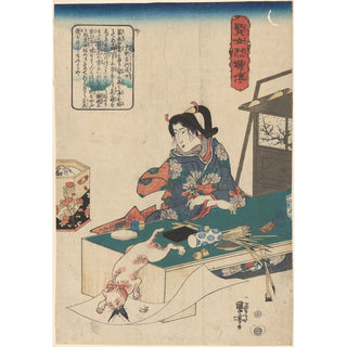 Reproduction Femme à table, chat blanc bondissant sur un papillon - Utagawa Kuniyoshi