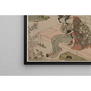 Reproduction Femme observant un jeune couple s'embrasser sur une véranda - Suzuki Harunobu