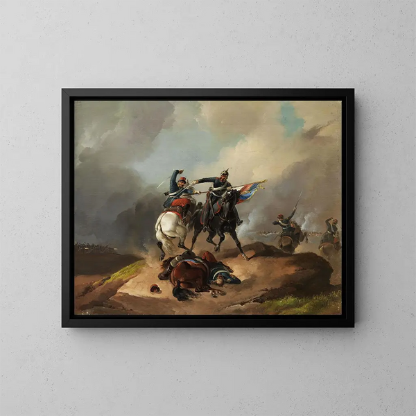 Kampf der Kavallerie zwischen einem deutschen Reiter und einem französischen Reiter - Richard Benno Adam — gerahmtes Bild an der Wand