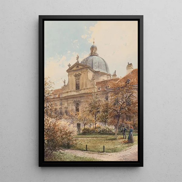 Ansicht der Kirche und des Klosters der Visitation der Kirche der Jungfrau der Schwestern Salesianer ein Gärtner im Vordergrund - Richard Moser — gerahmtes Bild an der Wand