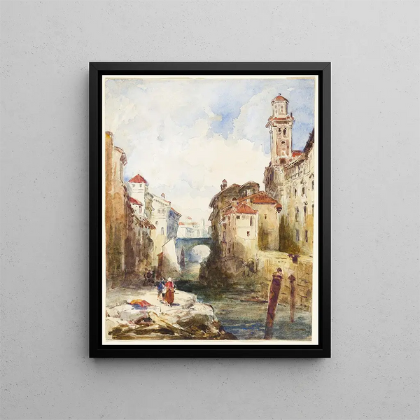 Gebäude der französischen Stadt und Fluss - Richard Parkes Bonington — gerahmtes Bild an der Wand