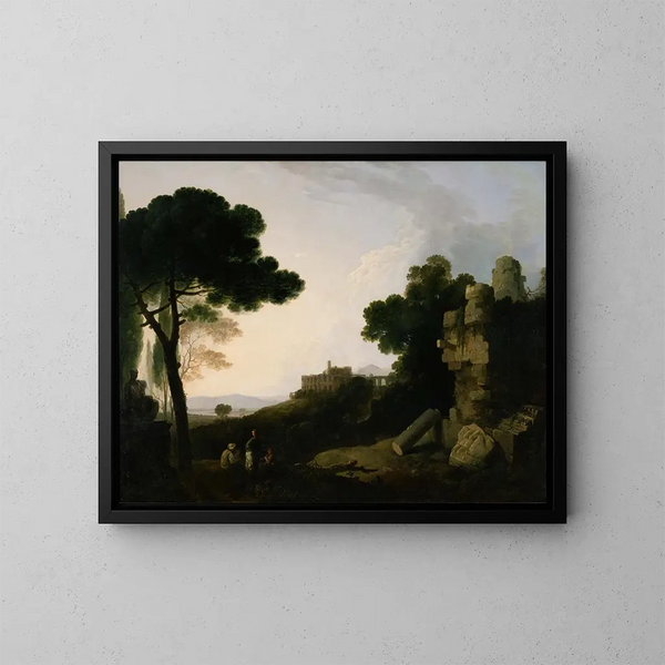 Landschafts-Kunstdruck mit dem Grab der Horatier und Curiatier sowie der Villa des Mecenas in Tivoli - Richard Wilson — gerahmtes Bild an der Wand