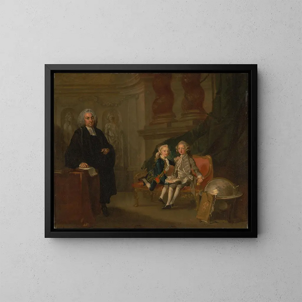 Der Prinz George und der Prinz Edward Augustus, Söhne von Friedrich, Prince of Wales, mit ihrem Erzieher, Dr F - Richard Wilson — gerahmtes Bild an der Wand